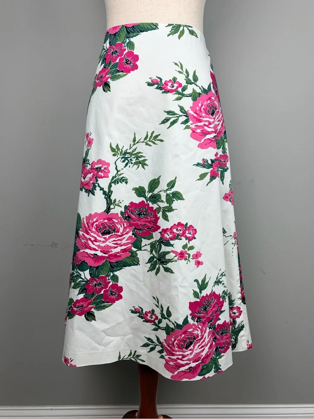 Carolina‎ Herrera Floral Rose Print Midi Skirt Sz 12 White Pink Made Italy